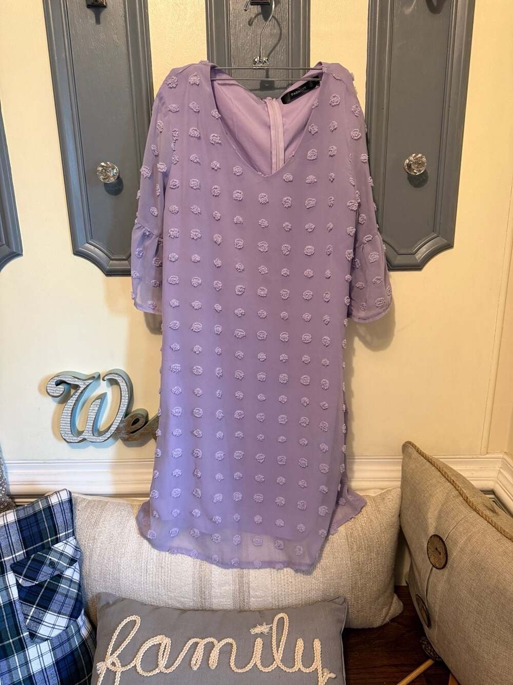 Fashion Women's Lavender Swiss Dot V-Neck Bell Sleeve Shift Mini Dress